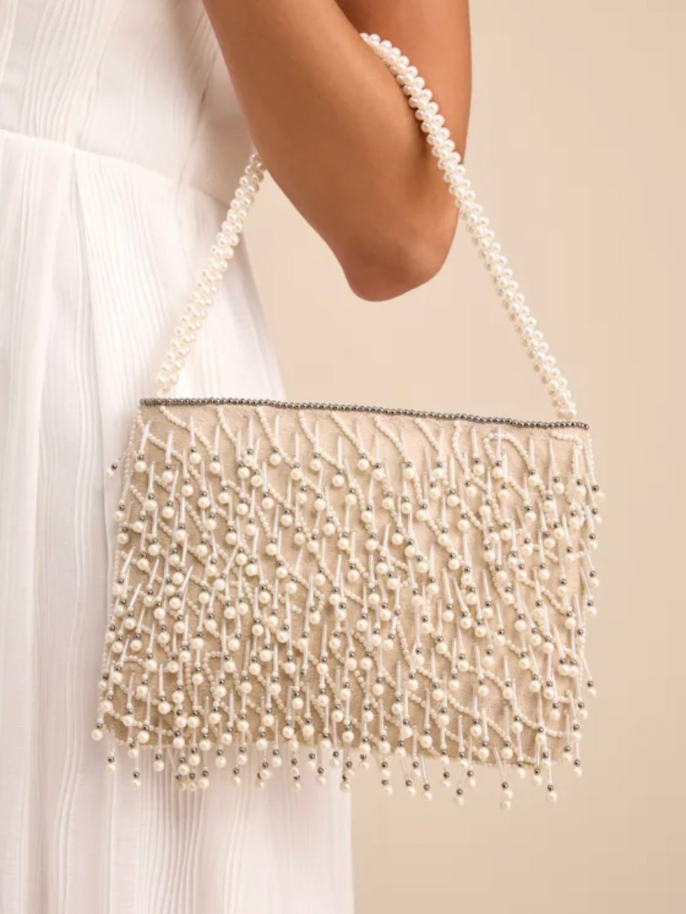 Lulus Arla Ivory Pearl Fringe Shoulder Bag
